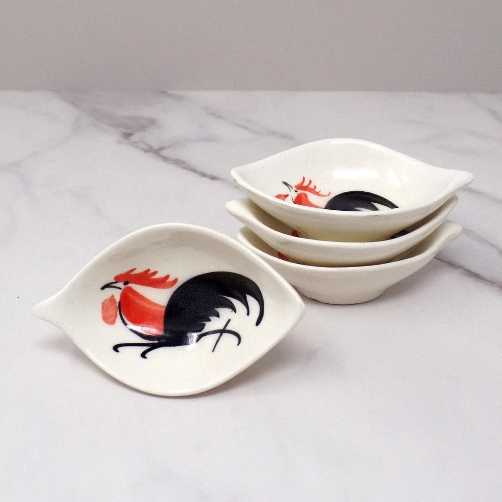 Vintage Hand-painted Ceramic Rooster Condiment Bowls - set of 4